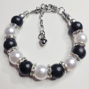 NWT Pandora Style Charm Bracelet Big Black And White Tuxedo Rhinestones Med - Lg